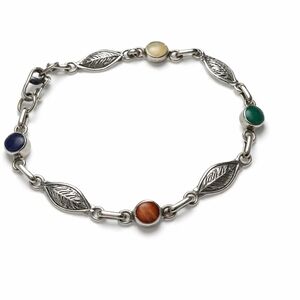 Vintage Sterling Multi Stone Bracelet Leaf Link Bracelet with Colorful Stones